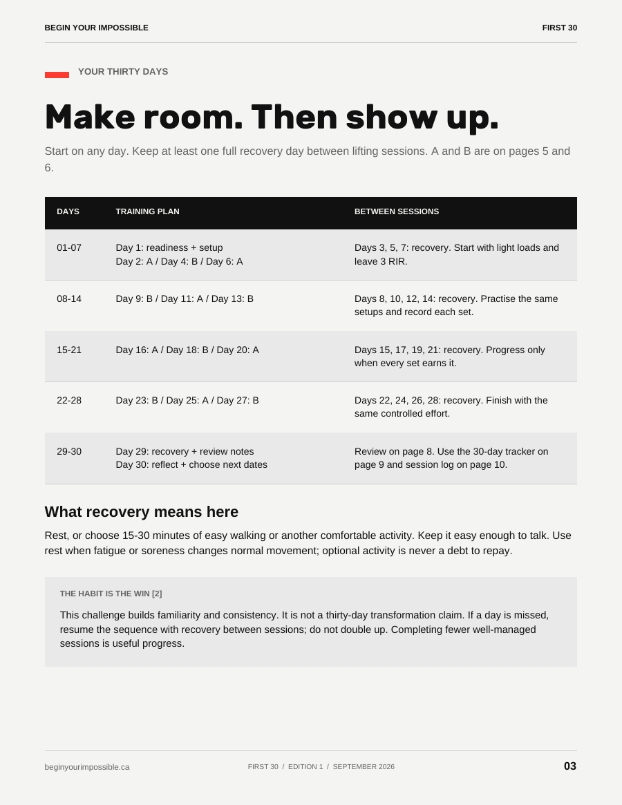 Actual page three of the free PDF: a complete 30-day calendar of training, recovery, and review days